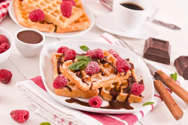 Waffles Raspberries Chocolate Cream — Stock Photo, Image