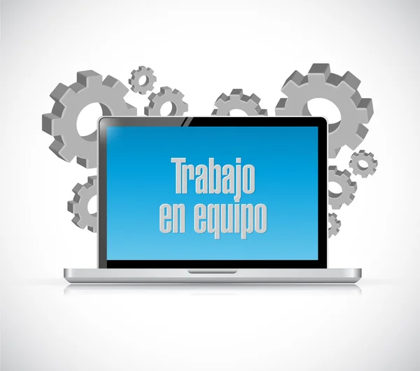 Trabalho em equipe laptop sinal em espanhol — Fotografia de Stock