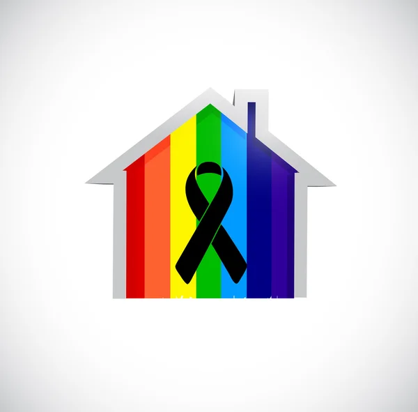 Cinta negra sobre una bandera de arco iris orgullo casa . — Foto de Stock