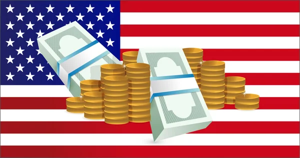 Us flag and gold coin towers. — Stock Photo, Image