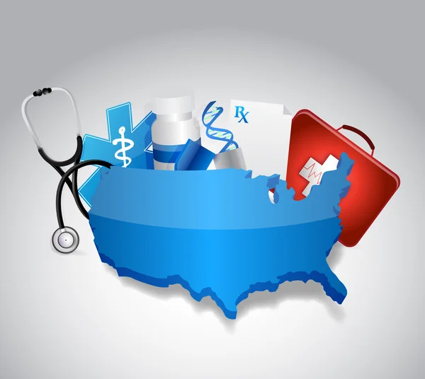 Ícones médicos em torno de um desenho ilustração mapa dos EUA — Fotografia de Stock