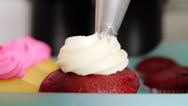 Cupcake dekoration med vit glasyr — Stockvideo