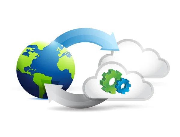 Globe cycle clouds and gears illustration — Stock Photo, Image