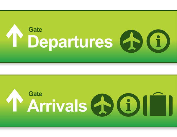 green Arrival and departures airport signs
