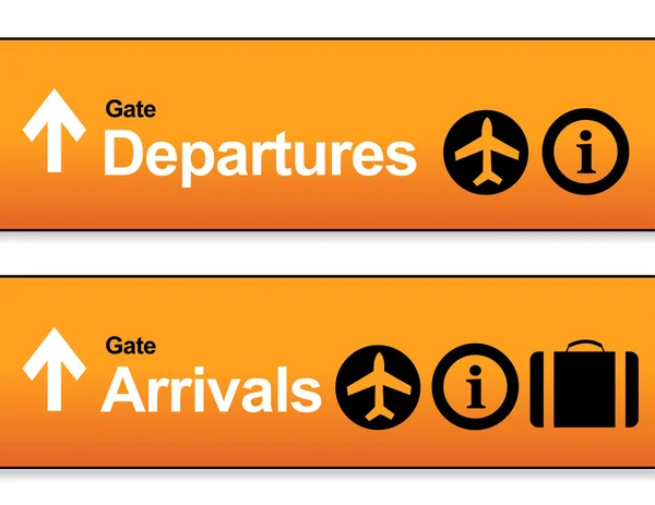 オレンジの到着と出発の空港標識 — ストック写真