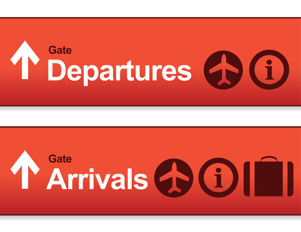 red Arrival and departures airport signs