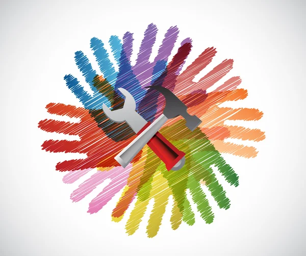 Tools over diversity hands circle illustration — Stock Photo, Image