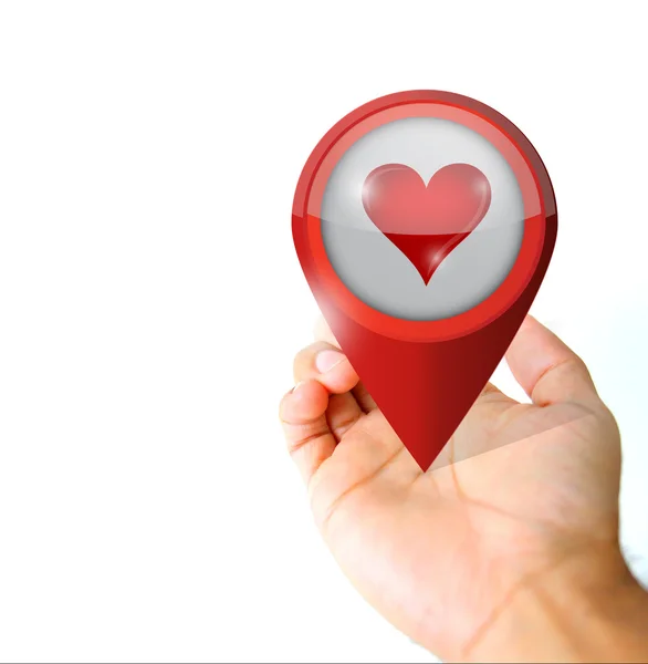 Hand hält ein Pin-Pointer-Symbol für Liebe — Stockfoto