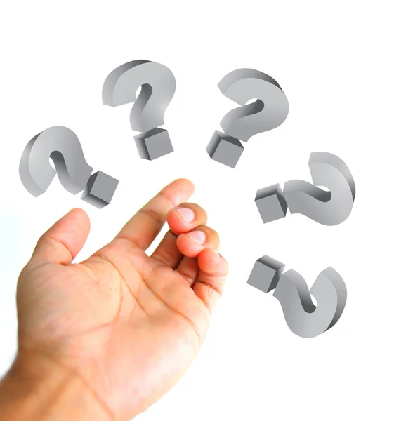 Questions concept. Hand and question marks around sign — Stock Photo, Image