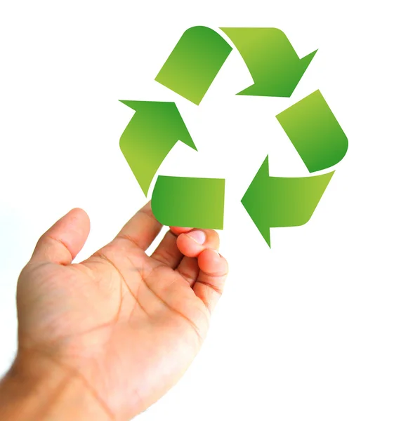 Help concept. Hand holding a recycle sign — Stock Photo, Image