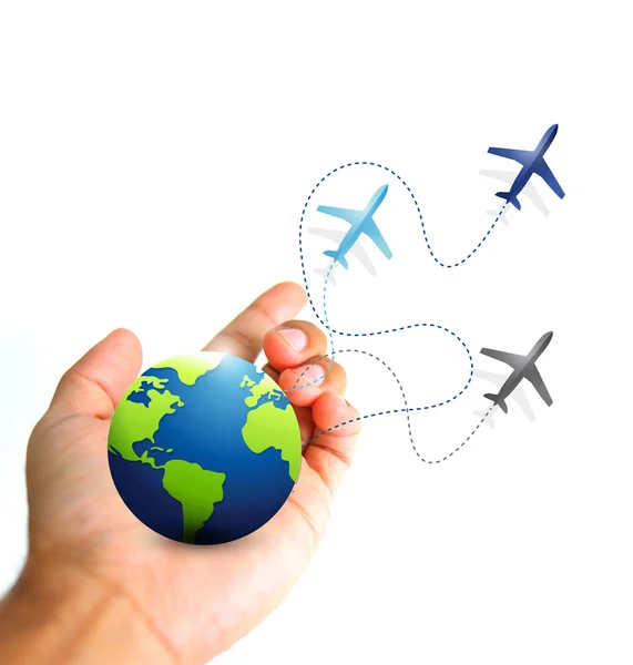 Hand holding the earth and planes flying icon — Stock Photo, Image