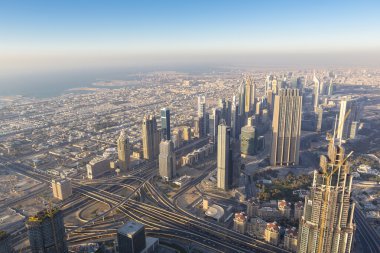 Aerial view of downtown in Dubai with blue sky