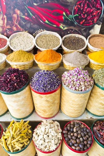 Spices and dried fruits at the market souk in Dubai. UAE — Stock Photo, Image