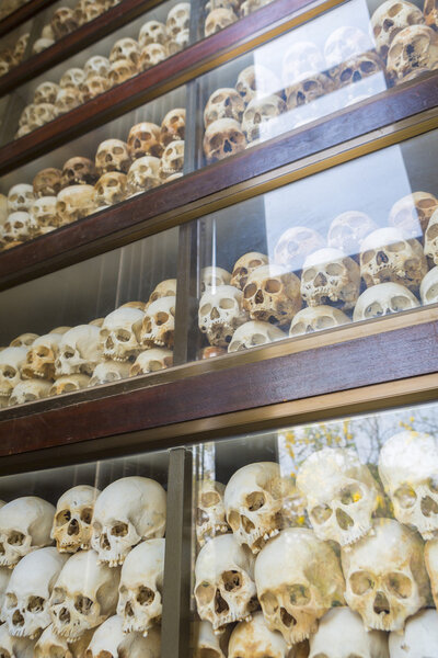 Skulls and bones in Killing field, Phnom Penh, Cambodia