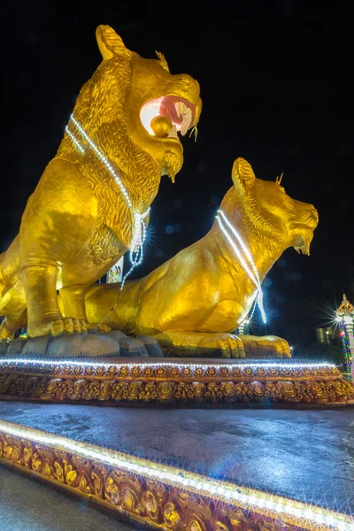 到了晚上，西哈努克城中心的照明金狮子。梳梳头 — 图库照片