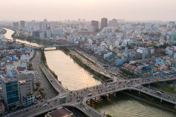 Ho Chi Minh City aerial view at sunset time in new development a — Stock Photo, Image