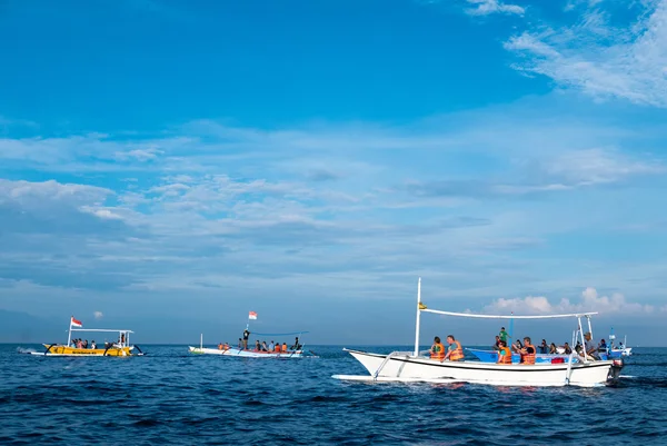 Turistas em vários pequenos barcos à procura de golfinhos em Lovina , — Fotografia de Stock