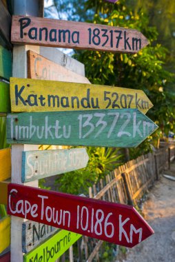Directional wooden signs to different famous destination of the  clipart