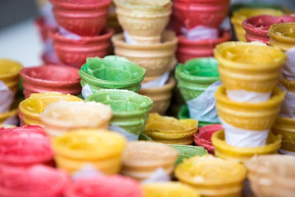 Composition of empty colorful ice cream cones — Stok fotoğraf