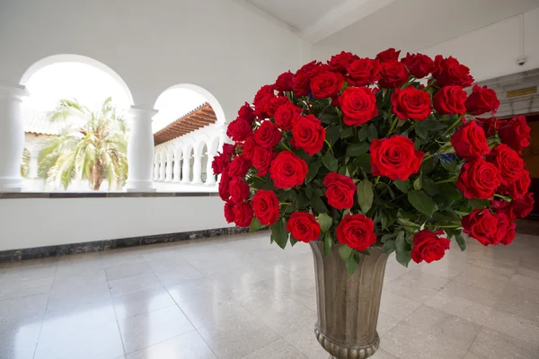 Taş bir vazoda kırmızı gül kümesi. Quito — Stok fotoğraf