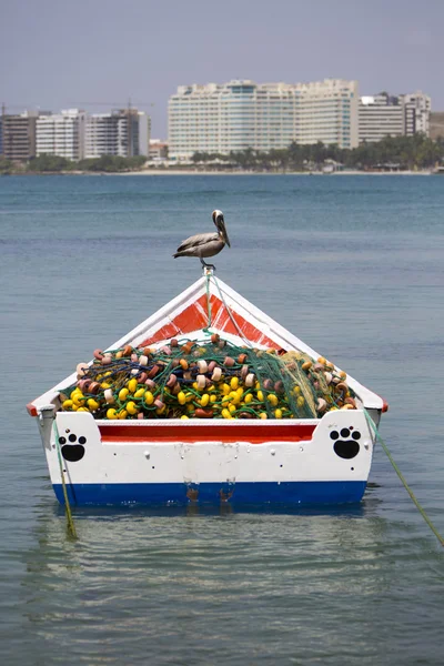 Пеликан, стоящий на рыбацкой лодке, остров Маргарита — стоковое фото