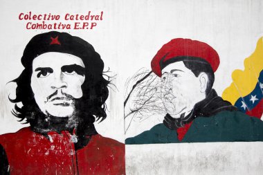 Grafiti Hugo Chavez Başkan ve Che Guevara. Caracas. Vene