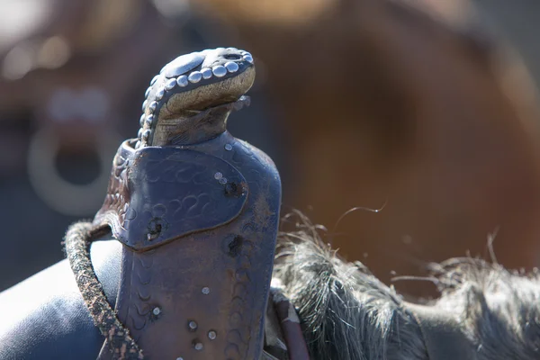 Closeup hnědá rustikální sedlo na koni poblíž Merida — Stock fotografie