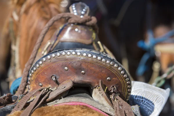 Closeup de sela rústica marrom no cavalo perto de Merida — Fotografia de Stock