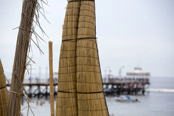 Pohled na Totora koně na pláži Huanchaco, Peru — Stock fotografie