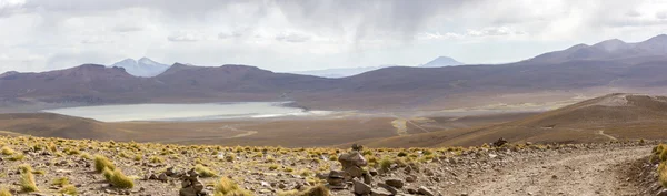 Mountains and salt pan in Eduardo Avaroa Reserve, Bolivia — Stok fotoğraf