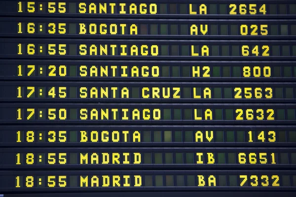 Airport departures board to South American travel destinations — Zdjęcie stockowe