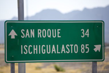 Direction sign post to Ischigualasto and San Roque on Ruta 40.