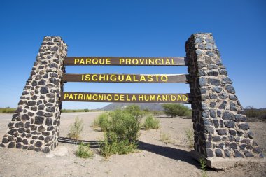 Sign road to Ischigualasto with blue sky, Argentina