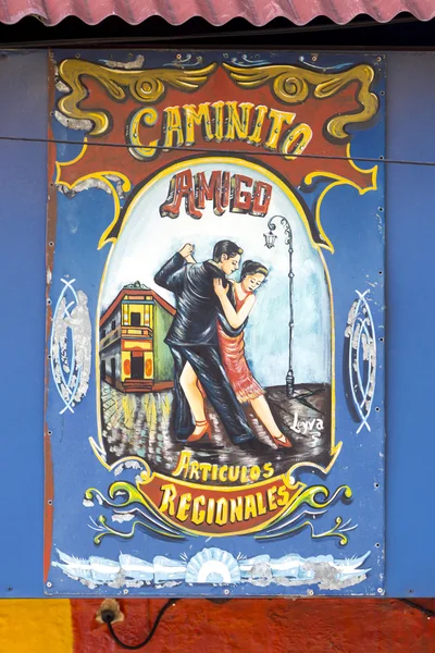 Tango-Schild in der berühmten Straße Caminito in la Boca, buenos aires — Stockfoto