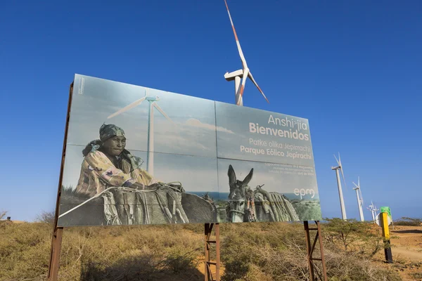 Wind mills in El Cabo De La Vela and sign board about Wayuu, Col — Stock Photo, Image
