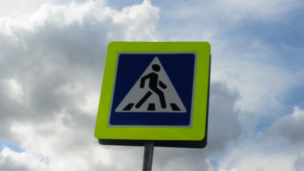 Pedestrian Crossing Traffic Sign Crosswalk Road Sign Mainly Cloudy — Stock Video