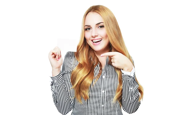 Woman holds out a business card — Stock Photo, Image