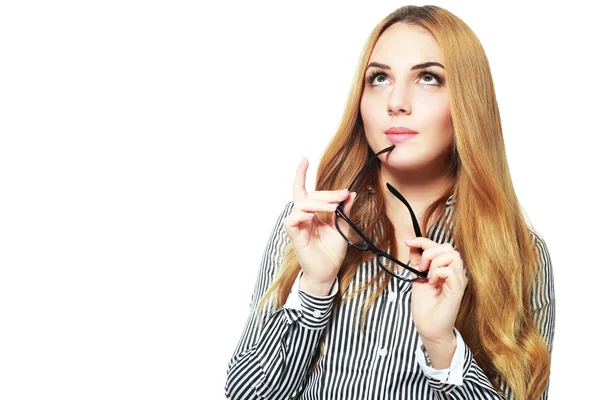 Vrouw denken houden bril — Stockfoto