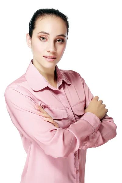 Mulher de camisa rosa — Fotografia de Stock