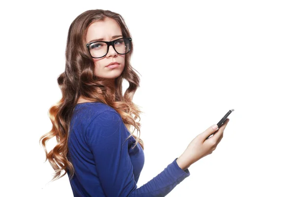 Sad young woman with cellphone — Stock Photo, Image