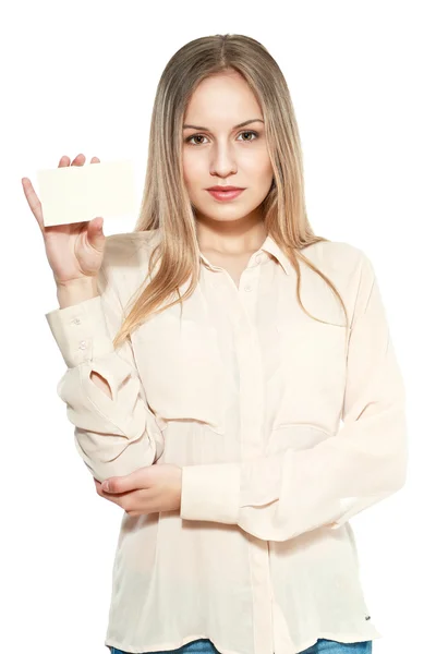 Mujer joven con tarjeta en blanco —  Fotos de Stock