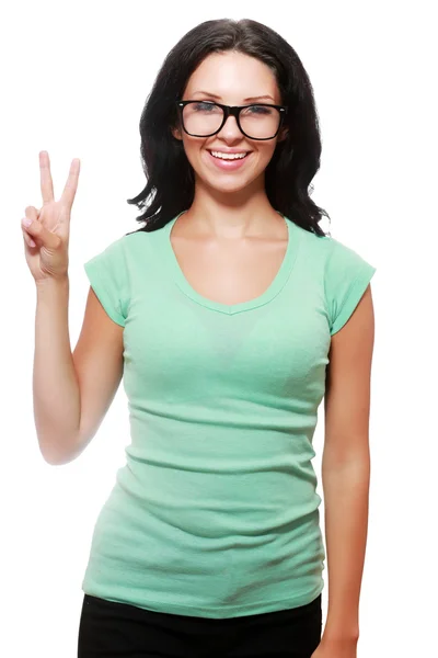 Vrouw in bril met twee vingers — Stockfoto