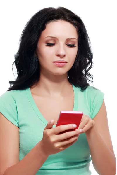 Vrouw kijken op telefoon — Stockfoto