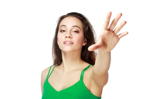 Woman raised up arm hand at you — Stock Photo, Image