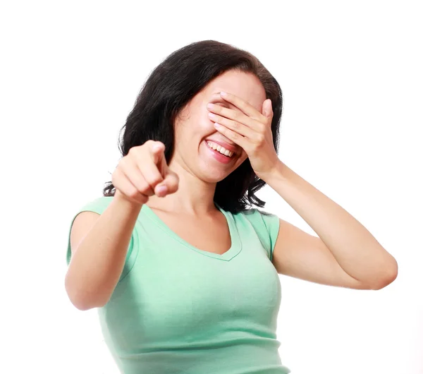 Vrouw aan te wijzen en lachen om u — Stockfoto