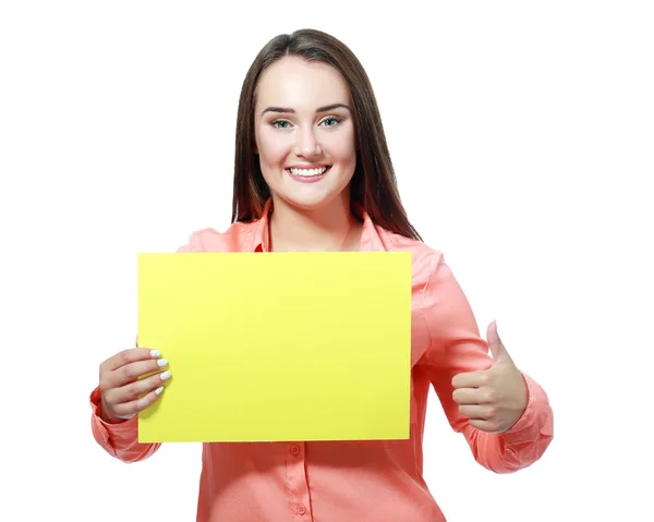 Femme tenir carte de signe jaune — Photo