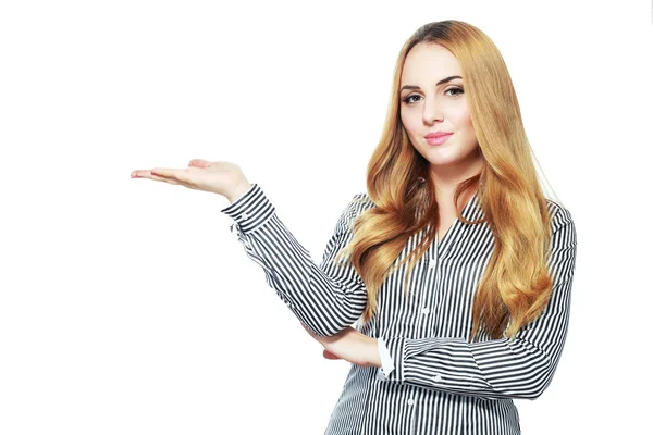 Mujer mostrando área en blanco — Foto de Stock