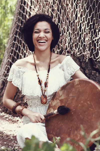 Shaman woman with a tambourine — Stock Photo, Image