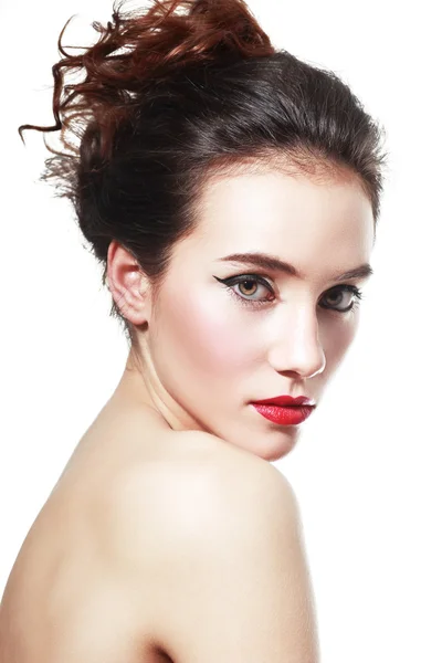 Mulher bonita com lábios vermelhos — Fotografia de Stock