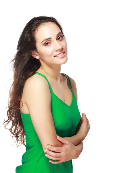 Mulher sorridente alegre em vestido verde — Fotografia de Stock